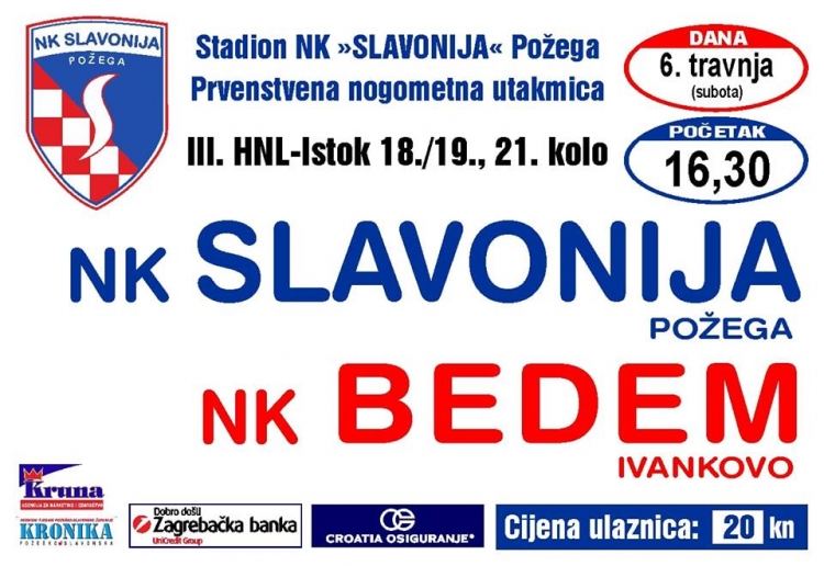Slavonija u subotu, 06. 04. 2019. s početkom u 16,30 sati dočekuje NK Bedem (Ivankovo) u 21. kolu 3. HNL - Istok