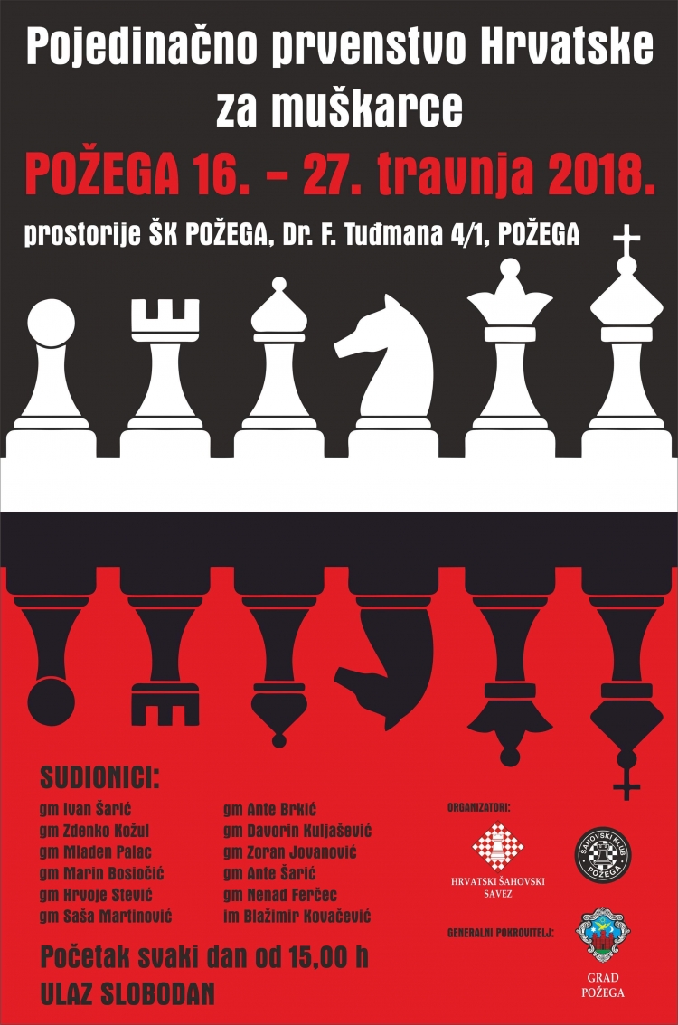 U Požegi će se od 16. do 27. 04. 2018. održati Pojedinačno prvenstvo Hrvatske u šahu za muškarce
