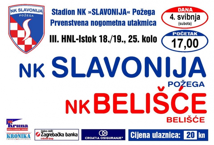 Slavonija u subotu, 04. svibnja s početkom u 17,00 sati dočekuje NK Belišće u 25. kolu 3. HNL - Istok