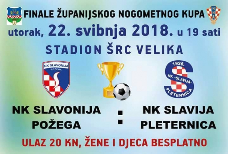 U Velikoj se sutra (utorak, 22. 05.) s početkom u 19,00 sati igra finale Županijskog nogometnog kupa između Slavije i Slavonije