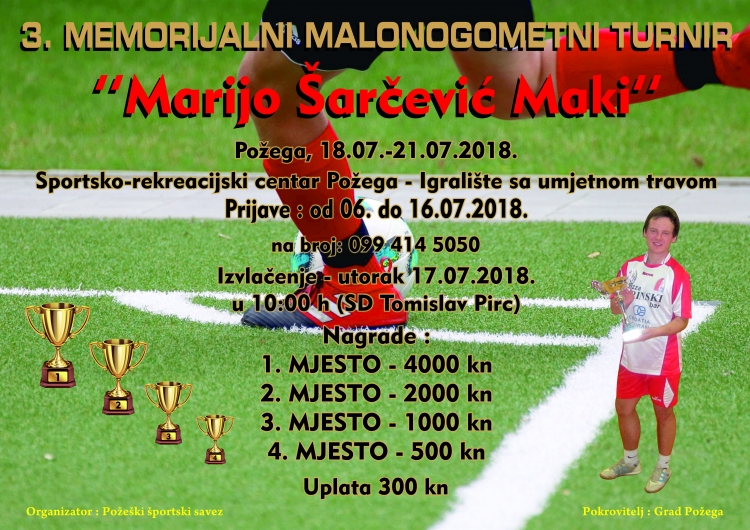 Prijave za 3. Memorijalni malonogometni turnir &quot;Marijo Šarčević - Maki&quot; primaju se do 16. 07. 2018.