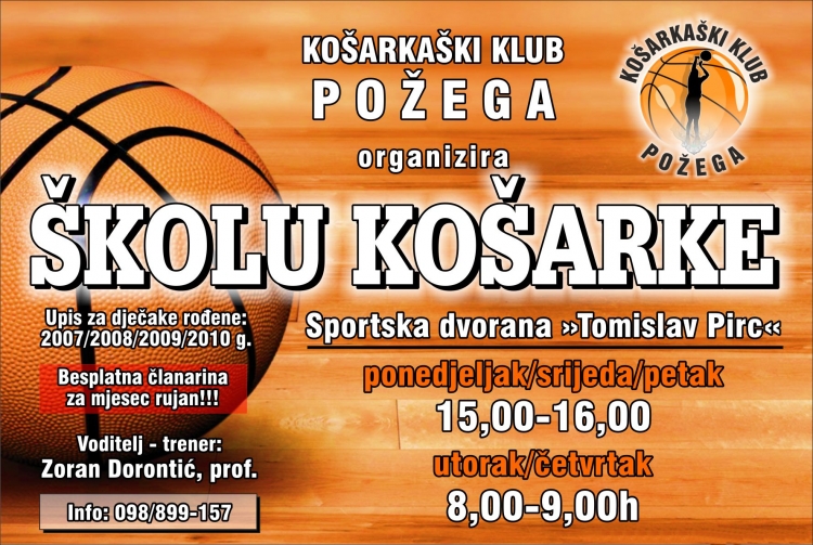 Košarkaški klub Požega organizira Školu košarke za dječake 2007. godišta i mlađe