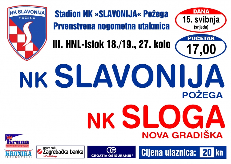 Slavonija sutra (srijeda, 15. 05. 2019.) s početkom u 17,00 sati dočekuje Slogu (Nova Gradiška)