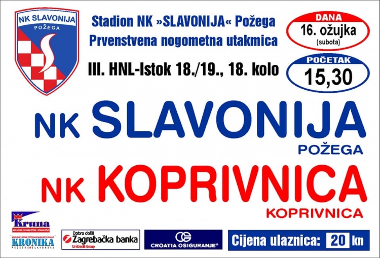 Slavonija u subotu, 16. 03. 2019. s početkom u 15,30 sati dočekuje NK Koprivnicu u 18. kolu 3. HNL - Istok